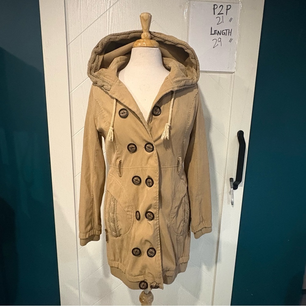 Y2K Coquette Tan Hooded Jacket Cable Knit Trim Newsprint Lining Boho Fairy Core